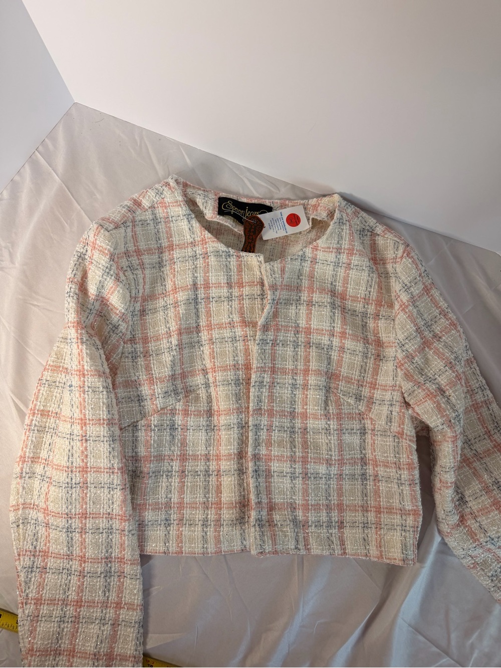 Spoon Jeans XL Tweed Boucle 2pc Skirt Suit Pink Blue Plaid Pearl Button Y2K